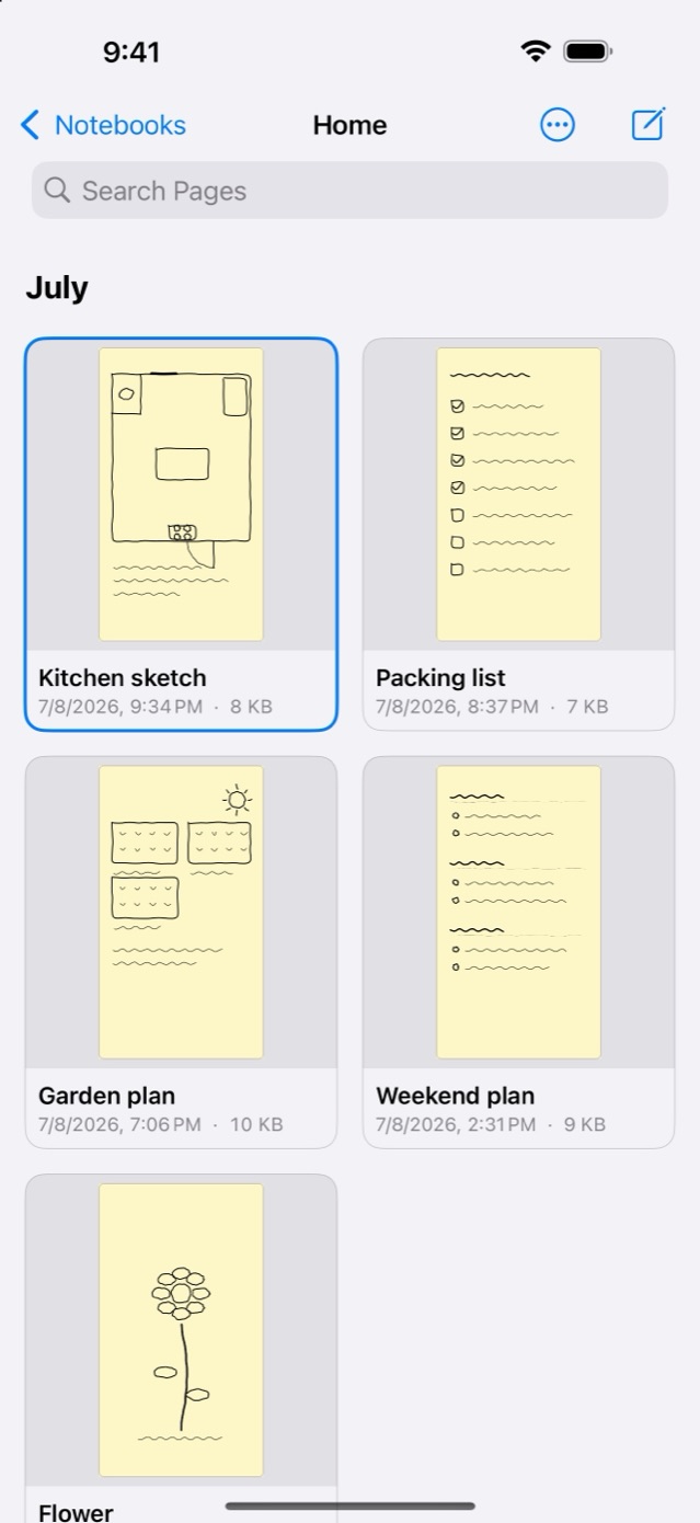 A notebook's pages shown as a grid of thumbnails — sketches and lists grouped by month