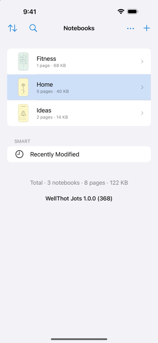 The notebooks list with page counts, sizes, and a Recently Modified smart notebook